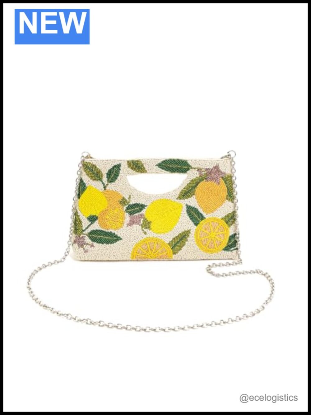 Hand-Beaded Lemonade Clutch with Long Chain Strap Canvas